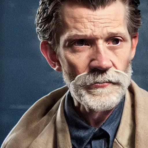 Image similar to tom holland as a rough dirty old man with a scruffy beard in a dark blue trenchcoat as the new doctor who, cinematic, volumetric lighting, f 8 aperture, cinematic eastman 5 3 8 4 film, photorealistic