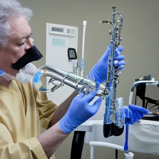 Prompt: doctors playing saxophone made out of clear tubing, syringes, urine collection bag, iv pole, fluid bag, nebulizer equipment, bag - valve mask, intubation equipment, speculum, defibrillator, coban. concert in surgical theater.