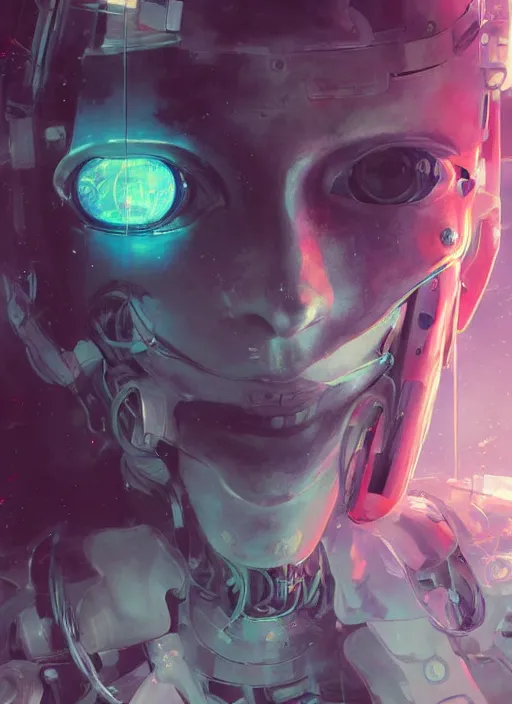 Prompt: surreal painting, by yoshitaka amano, by ruan jia, by conrad roset, by good smile company, by Kilian Eng, detailed anime 3d render of a female mechanical android, portrait, cgsociety, artstation, modular patterned mechanical costume and headpiece, cyberpunk atmosphere