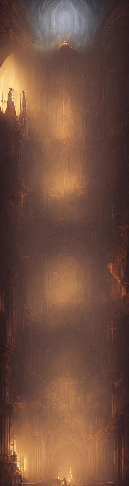 Prompt: pipe organ in an arch, obsidian walls with gold trim, by peter mohrbacher dan mumford craig mullins nekro, cgsociety, pixiv, volumetric light, 3 d render, smoke, dark fog, sunset colors