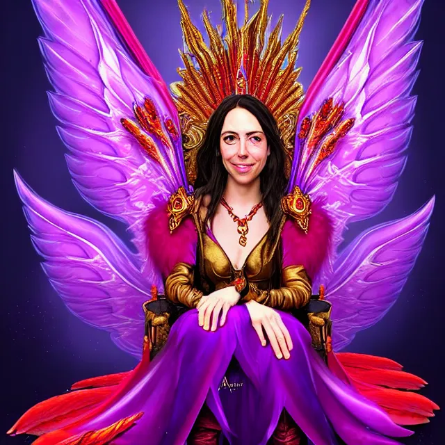 Image similar to Princess sorceress with red flaming bird wings on her back and sitting on an ornate throne dressed in a fancy purple dress, beautiful realistic face similar to aubrey plaza, Fantasy, Full Portrait, High detail, realistic, planeswalker