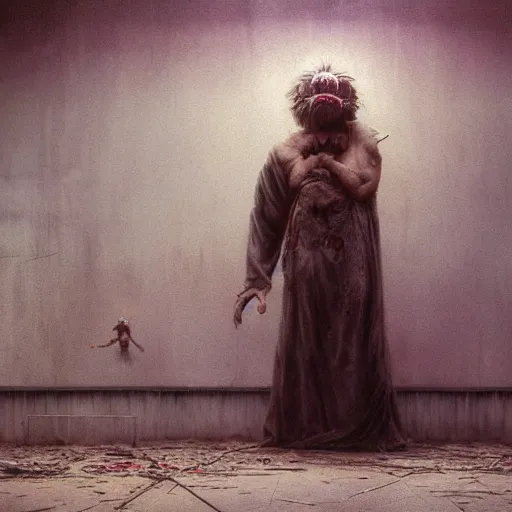 Image similar to a clown holding a baby inside an abandoned hospital, beksinski, dariusz zawadzki, wayne barlowe, very coherent symmetrical artwork, cinematic, hyper realism, high detail, octane render, 8 k