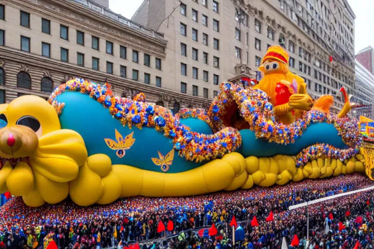 Image similar to photo of giant beautiful elaborate parade float designed by wes anderson, in the macys parade, detailed 4 k photo,