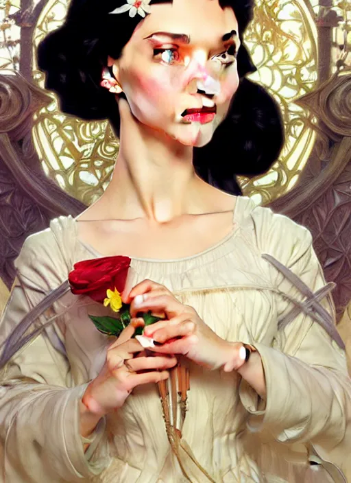 Prompt: portrait of disney snowhite, intricate, elegant, highly detailed, my rendition, digital painting, artstation, concept art, smooth, sharp focus, illustration, art by artgerm and greg rutkowski and alphonse mucha and uang guangjian and gil elvgren and sachin teng, symmetry!!