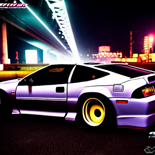 Image similar to a car 300ZX twin turbo drift at illegal car meet, Shibuya prefecture, city midnight mist lights, cinematic lighting, photorealistic, highly detailed wheels, high detail