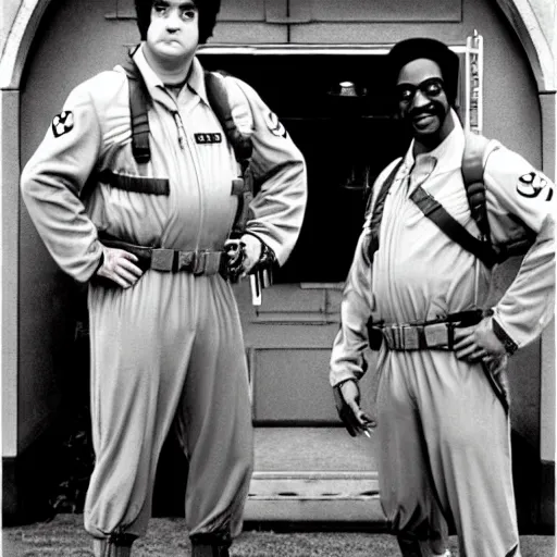 Prompt: photoshoot of john belushi and eddie murphy as ghostbusters, in the style of annie leibovitz - h 6 4 0