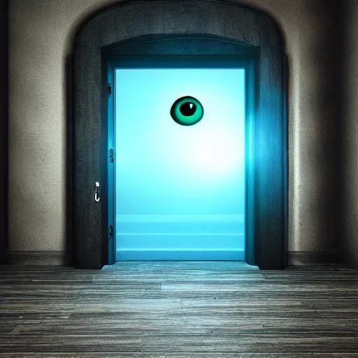 Image similar to photography, 3 d render, monster, open door, water below