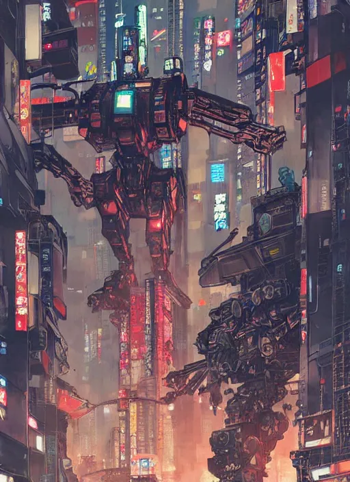 Image similar to giant war robots in the middle of cyberpunk tokyo. detailed, wearing kimono armour, by conrad roset, takato yomamoto, jesper ejsing, masamune shiro, ukiyo - e