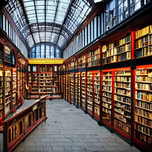 Prompt: a multistory bookshop, 85mm dslr photo by Malcolm Morley, featured on cg society, arts and crafts movement, national geographic photo, streetscape, atmospheric, early evening, cloudy