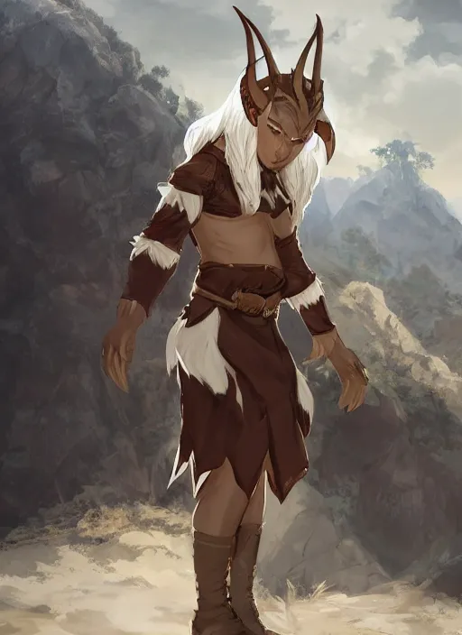 Image similar to concept art painting of a hybrid goat person with brown skin and short white hair, demon horns, elf ears, blue tunic and robes, detailed, d & d style, cel shaded, in the style of ruan jia and artgerm and makoto shinkai and james gurney