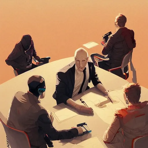 Prompt: cell shaded illustration of a meeting between elon musk, mark zuckerberg, jeff bezos, very detailled, by artgem, greg rutkowski, by atey ghailan, by greg tocchini, by james gilleard, by joe fenton, by kaethe butcher