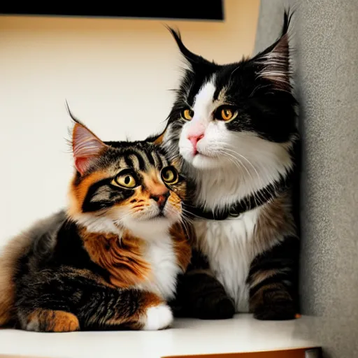 Prompt: very cute huge calico main coon towers over shorthair domestic cat in office, portrait, pixar style, cinematic lighting, award winning creature portrait photography