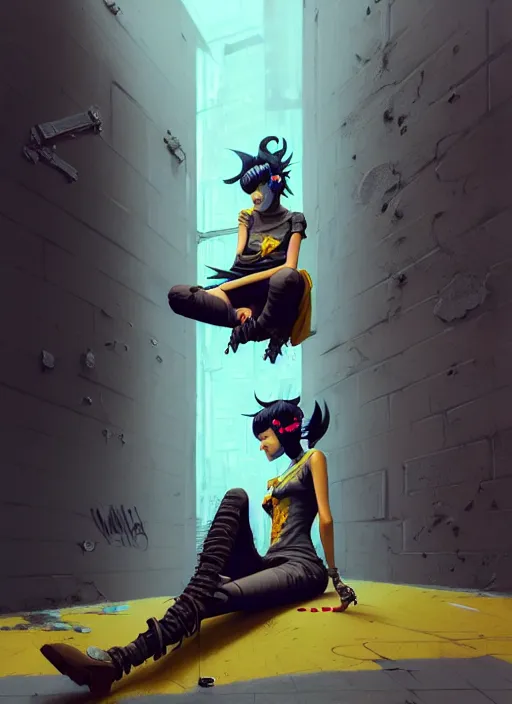 Image similar to highly detailed matte painting, of punk girl sitting on maximalist 3 d calligraphy graffiti tag light eroding grey walls, by atey ghailan, by greg rutkowski, by greg tocchini, by james gilleard, by joe fenton, by kaethe butcher, yellow, brown, black and cyan mystical color scheme, grunge aesthetic, octane render