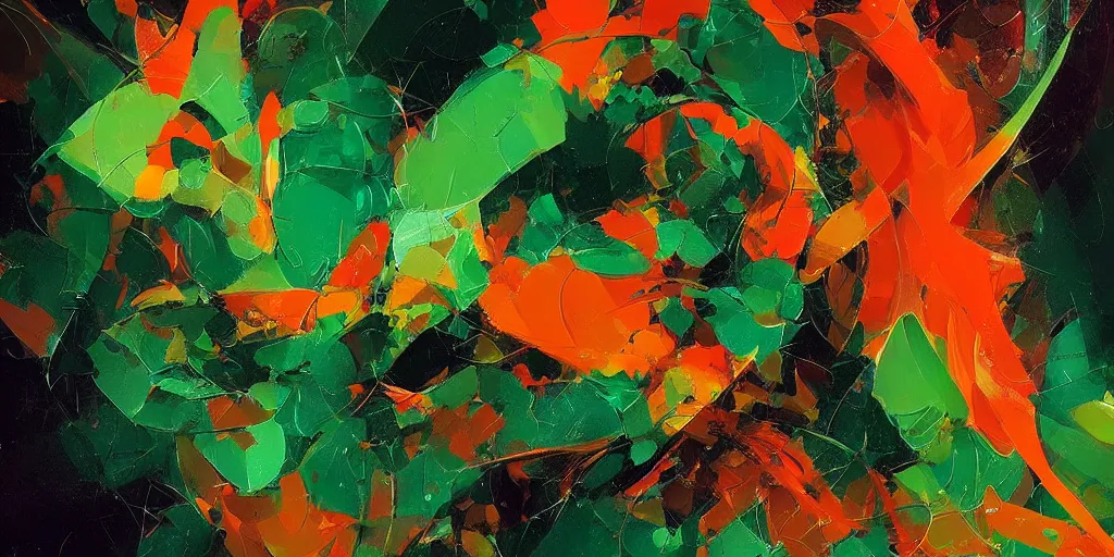 Prompt: green and orange intricate fractal abstraction, artstation, ryan hewett, mike mignola