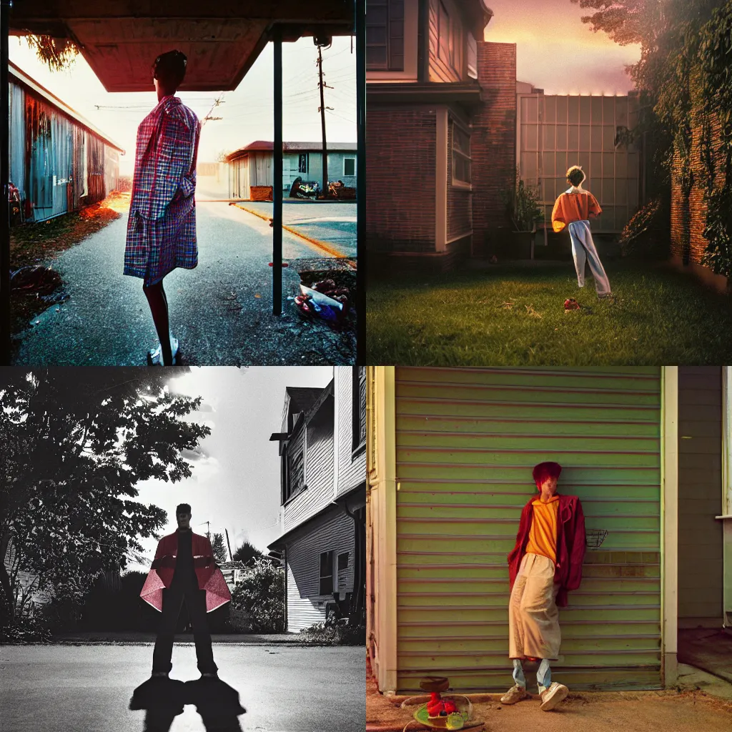 Prompt: a photograph of a character in a suburban environment by alex webb, shot on large format film camera, cinematic composition, beautiful lighting, hyper detailed, details, 8 k