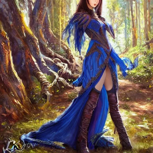 Image similar to Gothic elf princess in blue dragon armor on a misterious forest by Konstantin Razumov H 960