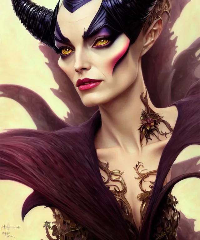 Image similar to maleficent, amber eyes, face, long hair, fantasy, intricate, elegant, highly detailed, digital painting, artstation, concept art, smooth, sharp focus, illustration, art by artgerm and greg rutkowski and alphonse mucha