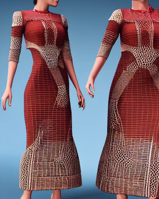 Prompt: marvelous designer 3d render Assamese bihu mekhela sador pattern gamosa style fashion costume design, D&D futuristic retrofuturistic-sci-fi dynamic, modern stylish glamour body hugging cosplay, highly inventive pattern cutting, cgsociety, unreal engine 8k