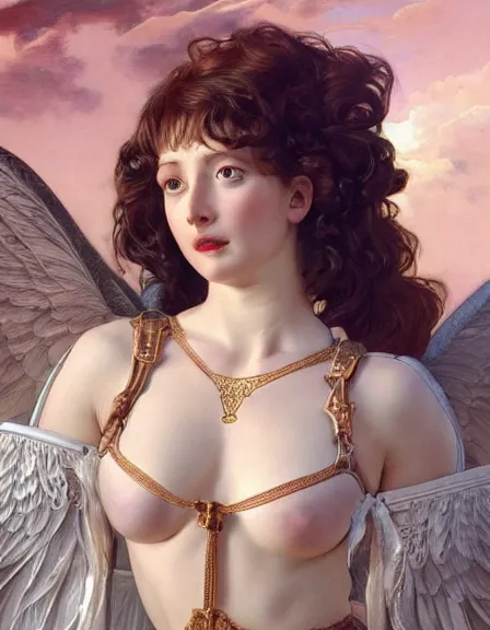 Image similar to a detailed hyperrealistic renaissance angel wearing an intricate leather garters set, honey birdette, realistic renaissance portrait, highly detailed, digital painting, artstation, concept art, smooth, sharp focus, illustration, cinematic lighting, art by artgerm and wlop and alphonse mucha and jacques louis david and john william godward