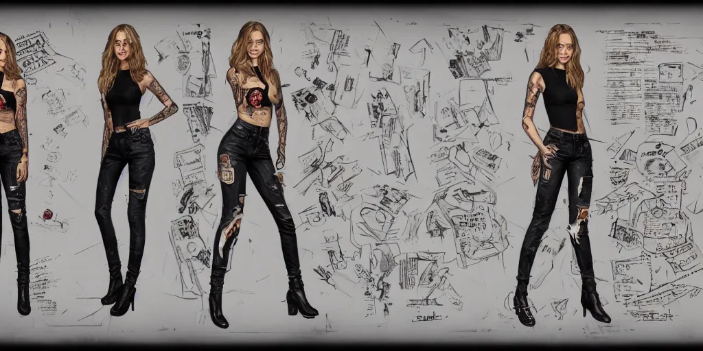 Image similar to halston sage fully tattooed, wearing scratched and ripped short leather jeans, wearing an aviator outfit with a smiley stamp, character sheet, fine details, props, concept design, contrast, kim jung gi, greg rutkowski, trending on artstation, 8 k, full body, turnaround, front, back, ultra wide angle