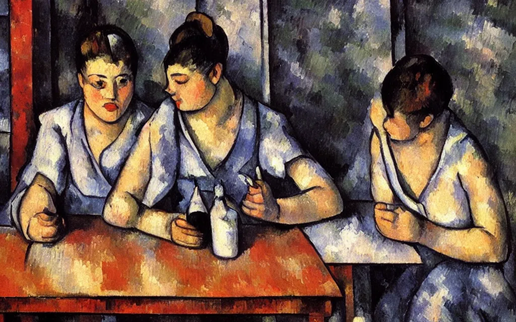 Image similar to in the style of paul cezanne. two hyperpop girls sitting at a wooden table in a bar looking at their phones. there is a bright red lamp hangig above the table. milkshakes