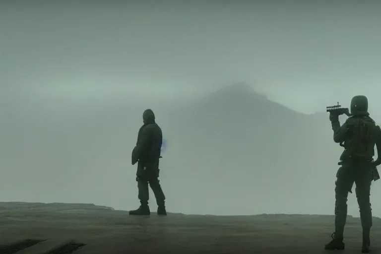 Prompt: still from bladerunner 2049 (2017) man wearing black tactical gear. mountain in background obscured by fog volumetric raining. green hill. Cyberpunk soldier holding rifle intimidating, reflective visor, emissive details. dark low exposure overcast skies.