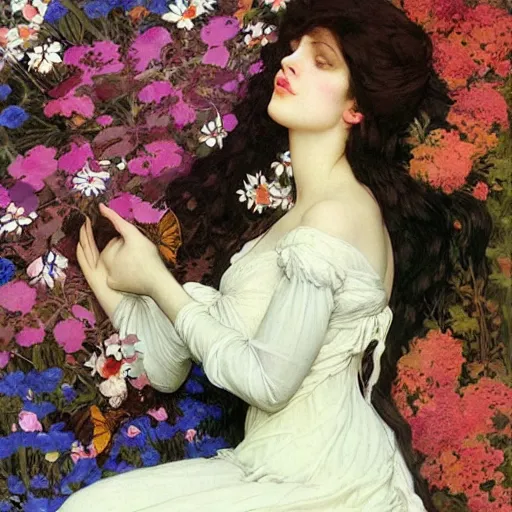 Prompt: realistic portrait of a beautiful woman in a white gown sleeping in a bed of colorful wildflowers by gerald moira, frederic leighton, amano, greg hildebrandt, and mark brooks, female, feminine, art nouveau, victorian, neo - gothic, gothic, character concept design