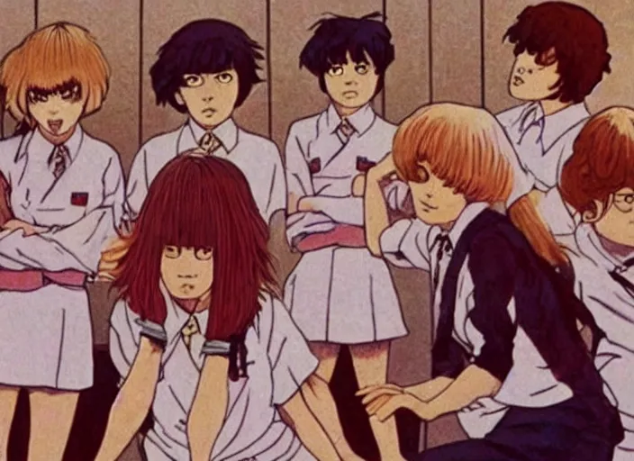 Image similar to screenshot from 8 0's horror guro anime, yellowed grainy noisy vhs footage, few schoolgirls trapped in a bathroom, stalls and sinks and tiled floor, sad scared girls are in beige sailor school uniforms, sitting on the floor, yelling at one another, detailed expressive faces, various hair colors and styles, expressive beautiful eyes in the style of ghibli,