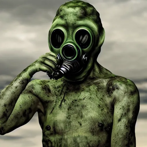 Image similar to human reptile hybrid with gas mask and green toxins popping from body full shot cinematographic high quality highly detailed ultra realistic 8 k