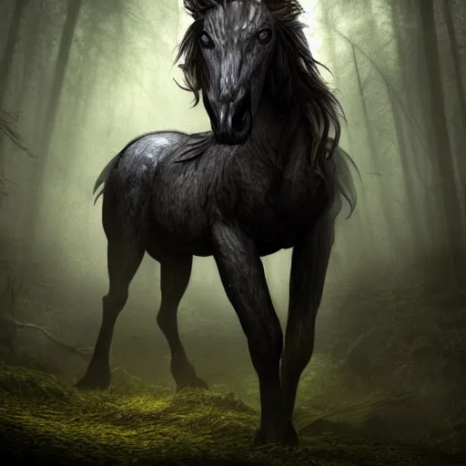 Image similar to werecreature consisting of a horse and a human, featured on artstation, photograph captured in a dark forest
