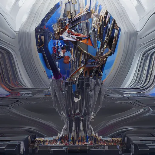 Image similar to sci-fi motherboard structure on the coronation of napoleon painting and digital billboard in the middle, unreal engine 5, keyshot, octane, artstation trending, ultra high detail, ultra realistic, cinematic, 8k, 16k, in style of zaha hadid, in style of nanospace Michael Menzelincev, in style of Lee SOUDER, colors in style of the Blade Runner 2049, in plastic, dark, tilt shift,