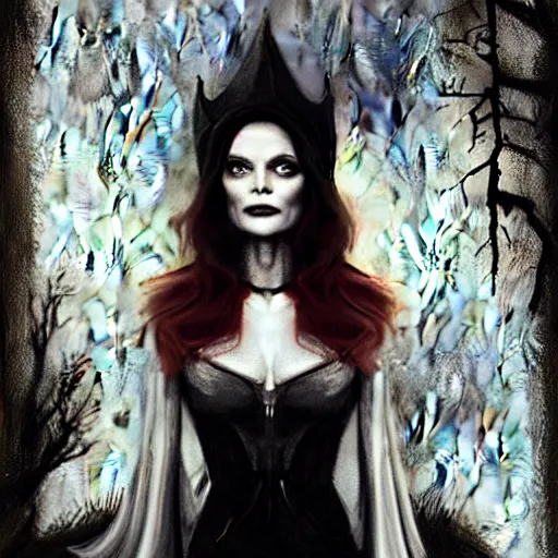 Prompt: portrait of Michelle Pfeiffer as vampire queen with dark woods in the background by Tom Bagshaw and Guy Denning