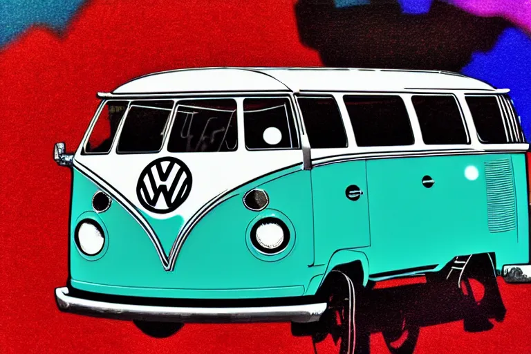 Prompt: vw bus!, in the style of john avon and derek riggs and eva widermann, trending on artstation, halfrear lighting closeup view anaglyph filter, bokeh, anime, colored pencil art, belle epoque