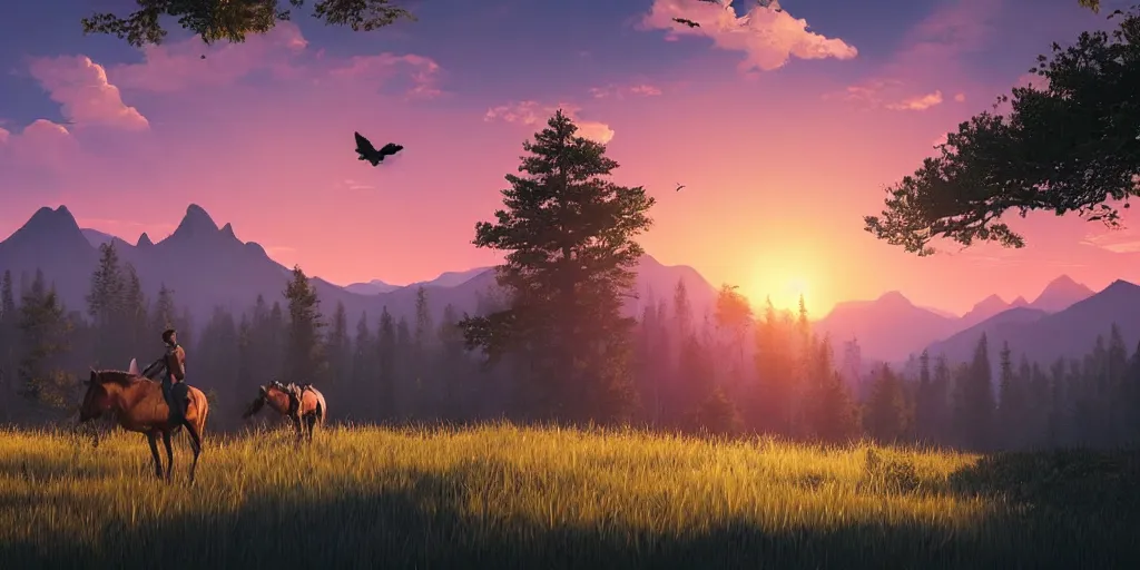 Prompt: A majestic landscape featuring a river, mountains and a forest. A group of birds is flying in the sky. There is man on a horse They are both staring at the sunset. Cinematic, very beautiful, painting in the style of firewatch