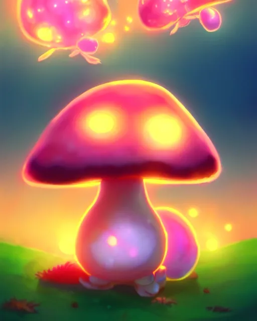 Image similar to concept art for a cute thicc mushroom creature, anime style, golden hour, lens flare, pastel pink glow, sitting on the beach | | epic - fine - clean, polished, trending on artstation, brush strokes