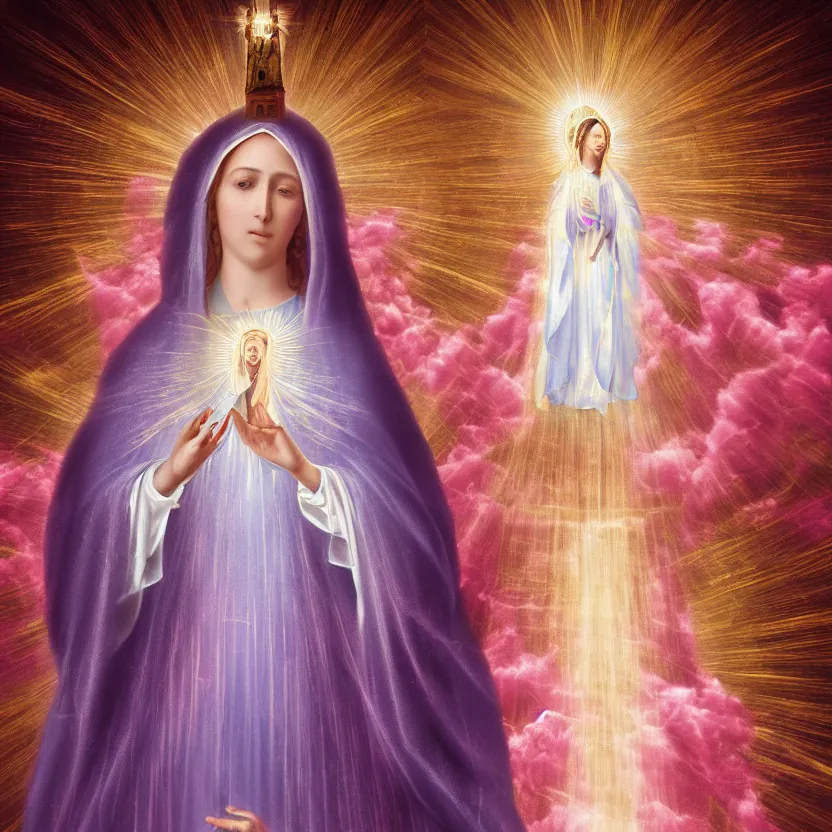 Prompt: virgin mary, our lady of lourdes, blessed mother in front of a pink waterfall with ribbons and angels in clouds. highly detailed digital art. beautiful lighting. trending on artstation.