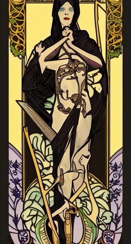 Image similar to a tarot card of death with a scythe, standing on a pile of bones. illustrated in an art deco style by tamara de lempika and an elegant border by alphonse mucha. | studio lighting | digital painting, stunning lighting, trending on artstation