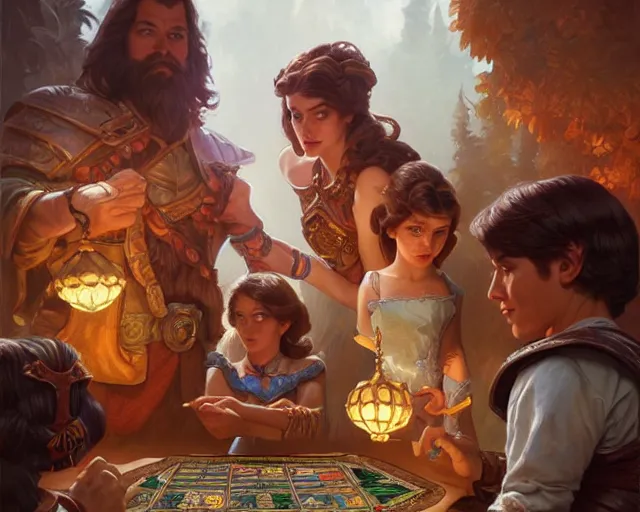 Image similar to 1 9 8 0 board game family fight, deep focus, d & d, fantasy, intricate, elegant, highly detailed, digital painting, artstation, concept art, matte, sharp focus, illustration, hearthstone, art by artgerm and greg rutkowski and alphonse mucha