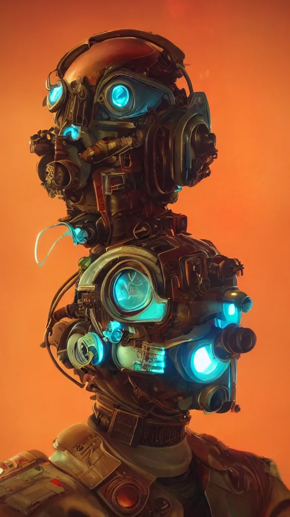 Image similar to concept art, retro - futurist steampunk pilot portrait, imperious, octane render, heroic, artstation, dramatic neon lighting, glowing imperial motifs, eerie, mysterious, red turquoise accents, bladerunner, by gerald brom, james jean, syd mead, akihiko yoshida, cinematic