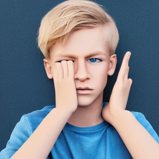 Prompt: portrait of a boy with his hand on his face, extremely realistic and real, photorealistic, blonde hair and blue eyes, detailed facial structure, real eyes that are detailed