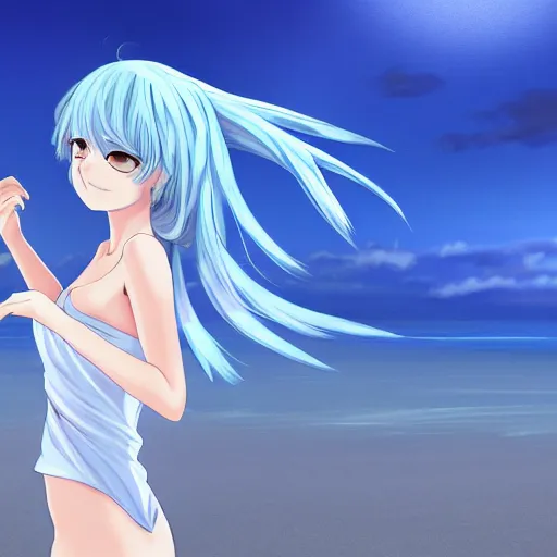 Prompt: a girl with light blue eyes, light blue hair in a white nightgown lies on the sand on the beach, anime style, high quality, 4 k digital art,