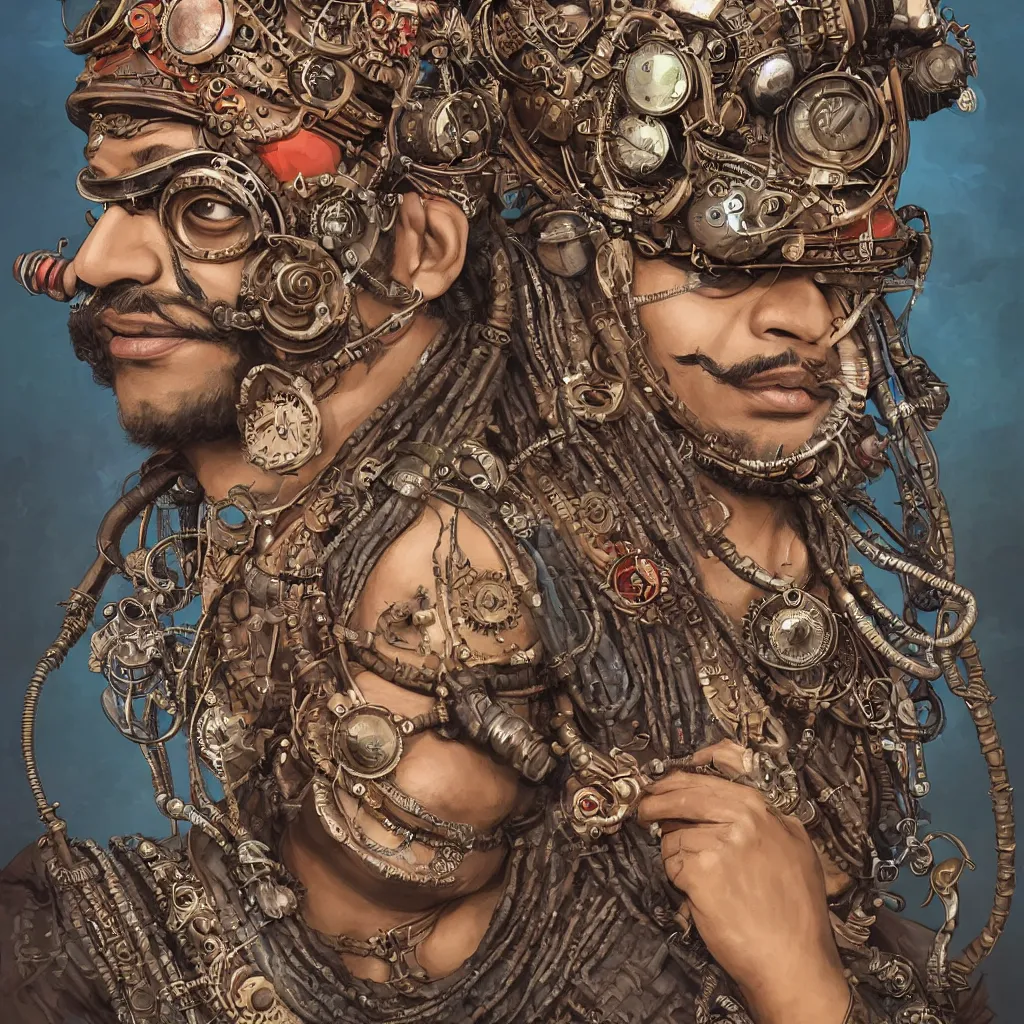 Image similar to face portrait of an indian man with long kawai moustache rajasthani headgear wearing madmax style steampunk goggles and steampunk jewelry, art by peter mohrbacher and craig mullins, sticker, colorful, illustration, highly detailed, simple, smooth and clean vector curves, no jagged lines, vector art, smooth