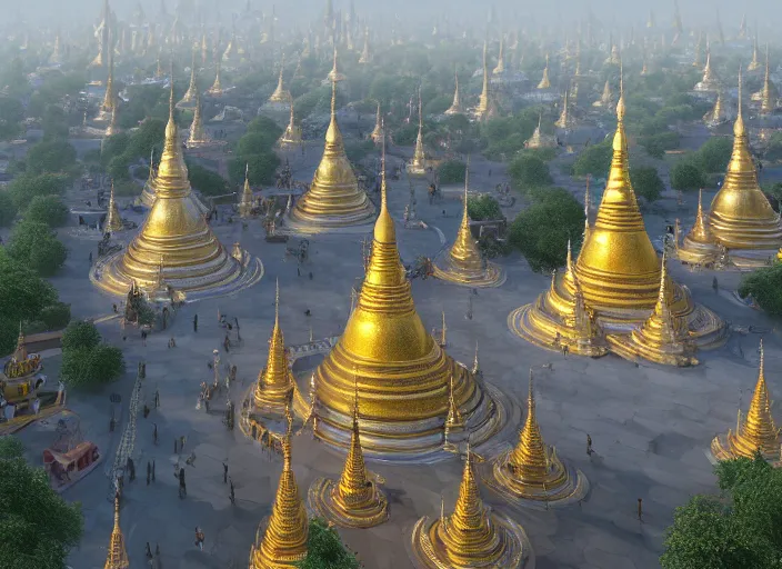 Prompt: A detailed matte painting of the Shwedagon Pagoda temple, huge scale, volumetric lighting, hyper-realistic, photorealistic, digital art, trending on Artstation, 4k, post-processing, Greg Rutkowski