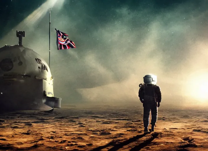 Image similar to astronaut holding a flag in an underwater desert. a submarine is visible in the distance. dark, concept art, cinematic, dramatic, atmospheric, 8 k, trending on artstation, blue, fish, low visibility, light rays, extremely coherent, bubbles, fog, ocean floor, christopher nolan, interstellar