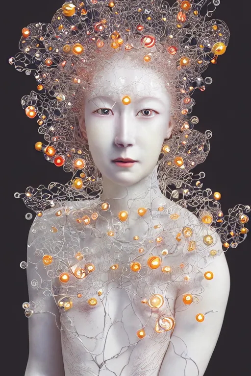 Prompt: a closeup photo, real intricate delicate white translucent ceramic porcelain and glass sculpture of a beautiful woman, light smile, gustav klimt and victo ngai and takato yamamoto, spooky, made of lollypops, micro detail, backlit lighting, translucent, thin porcelain, octane renderer, colorful, physically based rendering, bubbles swirling around