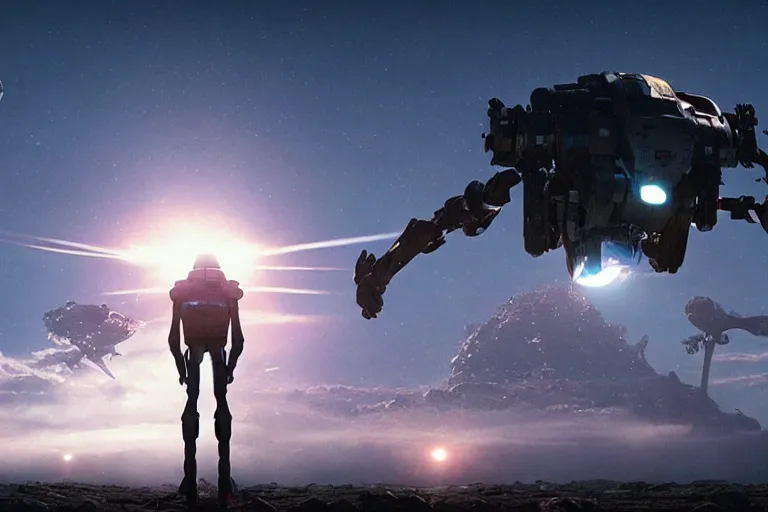 Image similar to giant robot spider standing on top pf planet earth, cinematic, shot from space, sci - fi movie still, lens flare, greg rutkowski, wlop