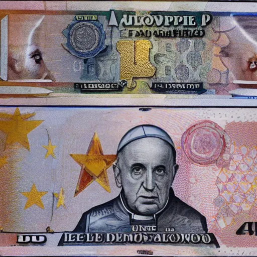 Image similar to A medium shot photograph of the pope laying on a huge pile of euro bills, 4k ultrahd