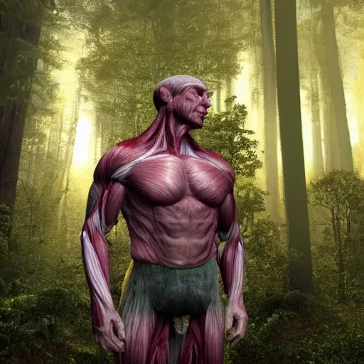 Image similar to realistic human made of muscles, flesh, plants and mushrooms, in the middle of a mysterious forest, god rays