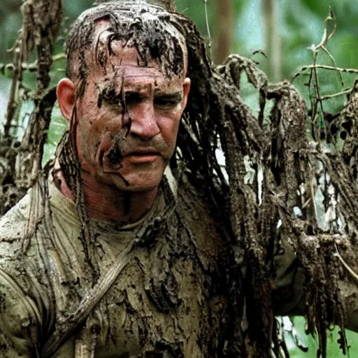 Prompt: film still of bill goldberg as major dutch, covered in mud and hiding from the predator predator predator in swamp scene in 1 9 8 7 movie predator, hd, 4 k