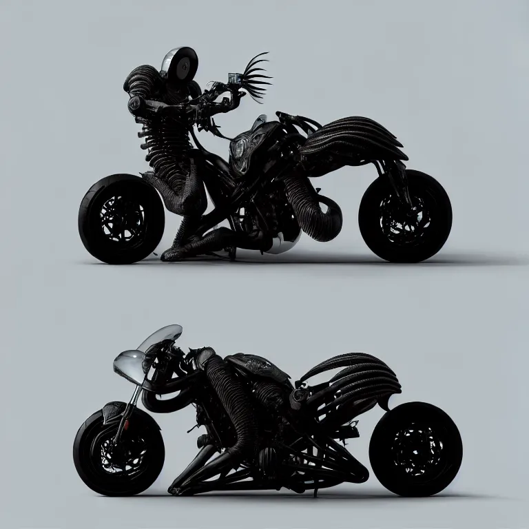 Image similar to spinal ribbed black futuristic cyberpunk motocycle motorbike, concept art, beautiful intricate insanely detailed octane render, artstation, 8 k artistic photography, photorealistic, volumetric perfect light, chiaroscuro, raphael, caravaggio, beksinski, rutkowski, giger